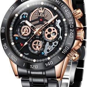 OLEVS Men Watches with Date Bussiness Watches for Male Luminous Quartz Mens Watches Waterproof with Stainless Steel Strap Stopwatch Timing Function, black band black case black dial