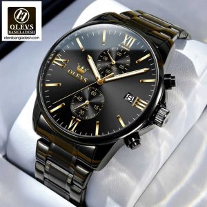 OLEVS 2886 Men Sports Chronograph Waterproof Luminous Quartz Watch(Black Gold Steel Strip)